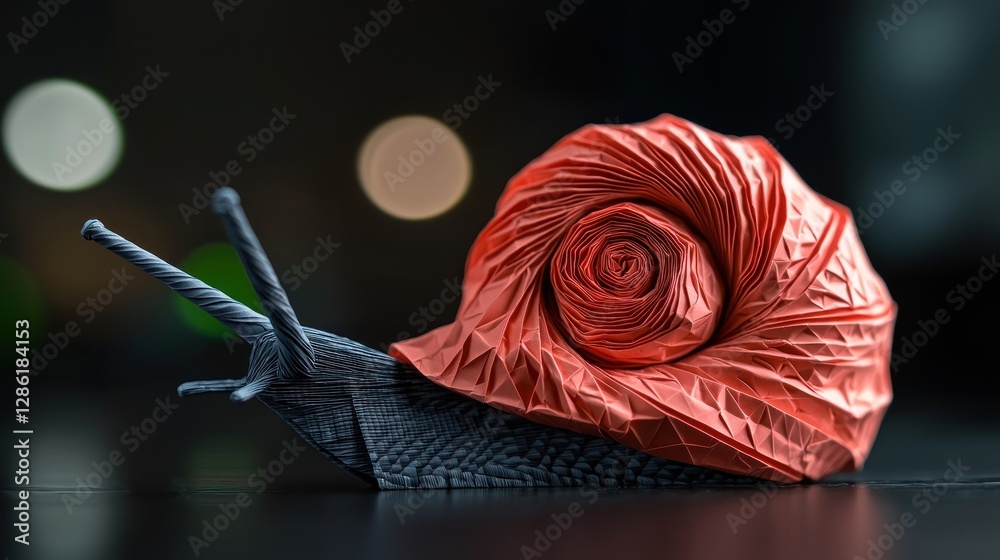 Poster a close-up of a creatively designed snail sculpture with a vibrant red shell on a dark surface
