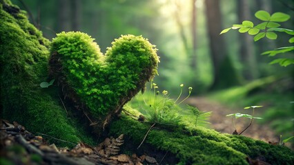 Obraz premium Love Grows in the Woods: A heart-shaped moss formation, nestled on a weathered tree trunk amidst a sun-dappled forest, symbolizes love and nature's embrace.