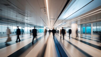 Blurred figures walk through a bright, contemporary office hallway with a sense of purpose and movement.