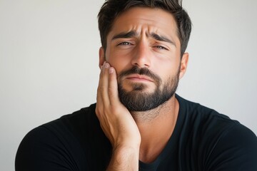 Obraz premium A contemplative handsome man, clutching his head from headache pain, plain light beige background, clean studio lighting, sharp minimalist design, focus on his emotion and face.