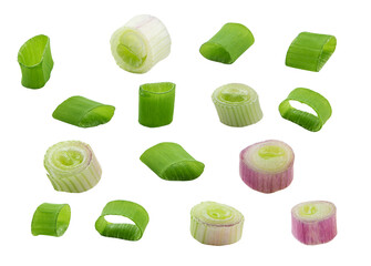 Green onion slices, fresh cut chives isolated on white background