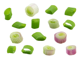 Green onion slices, fresh cut chives isolated on white background