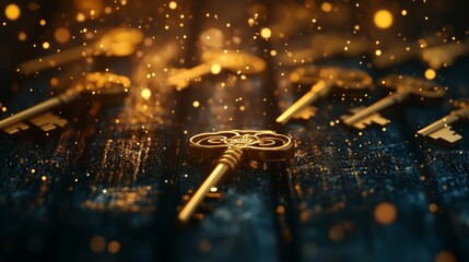 Antique brass keys scattered across a wooden table, dust motes floating in the air 