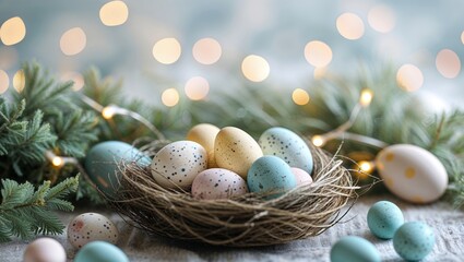 Charming speckled Easter eggs nestled in a bird's nest, illuminated by soft fairy lights and evergreen.