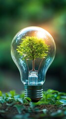 Light bulb with tree symbolizes eco-friendly energy.