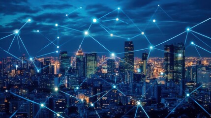 Network connections illuminate city skyline at night.