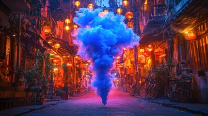 Fototapeta premium A man walking down a street surrounded by a blue cloud of smoke in urban setting