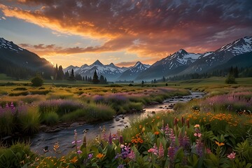Majestic mountain valley at sunrise with mist rolling over green hills