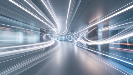 Abstract light trails through a modern, futuristic tunnel evoke speed and technology concepts.