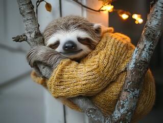 Fototapeta premium Sleepy Sloth Head Cozily Clinging to Glowing Branch Pillow in Soft Pastel Pajamas Serene Nature Scene