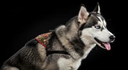 Siberian Husky Dog Portrait Wearing Camouflage Harness Studio Shot Black Background
