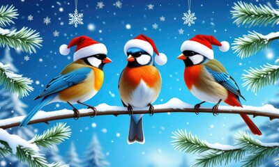 Fototapeta premium Three festive birds in santa hats perched on snowy branch in winter wonderland