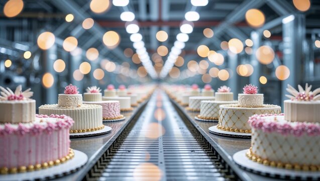 Elaborate tiered cakes moving along a conveyor belt in a sparkling clean, modern cake factory.