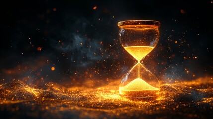 Glowing hourglass with golden sand in a mystical setting