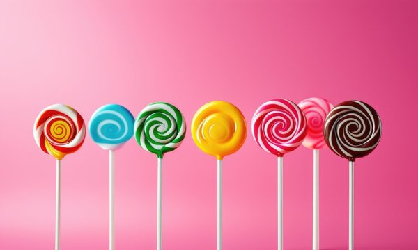 Colorful assorted lollipops on vibrant pink background for sweet treat concepts