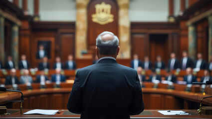 Back view of politician or activist pronouncing speech during press campaign in the conference hall. Mature organization representative answers questions, gives interview to journalists for media. AI