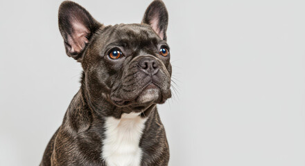 Adorable Dark Brindle French Bulldog Puppy Posing Against a Grey Background