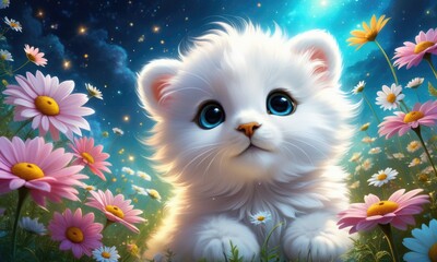 Adorable fluffy white kitten in a magical daisy meadow at night