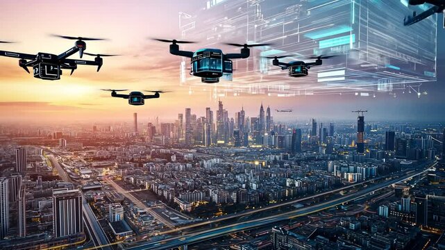 Drone Delivery System Over Cityscape at Sunset