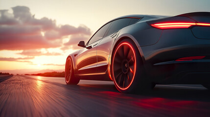Naklejka premium Black sports car driving on a scenic road during a vibrant sunset sky