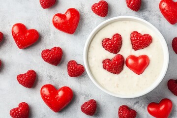 Heart shaped red strawberries in white bowl with scattered candy hearts on marble surface aesthetic food photography concept for Valentines Day romance dessert inspiration