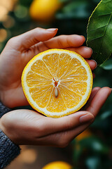 Closeup of hands delicately holding a juicy lemon slice, showcasing its vibrant yellow interior and seeds.