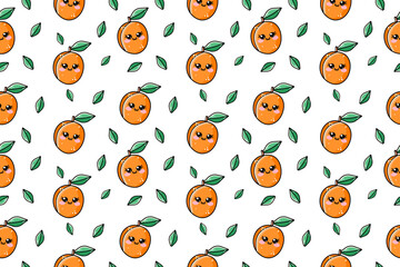 Seamless pattern with sweet kawaii cute vector illustration of orange apricot on white isolated background