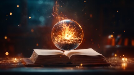 Enchanted book with a glowing fire orb above it