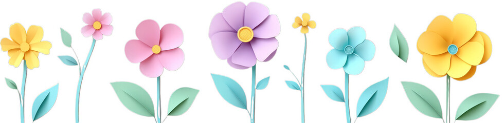 Obraz premium Colorful paper cutout flowers in a row with leaves on transparent background