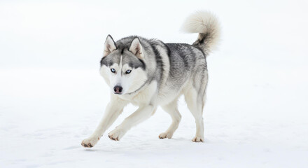 Siberian Husky Dog Running in Snow Winter Scene Canine Pet Animal