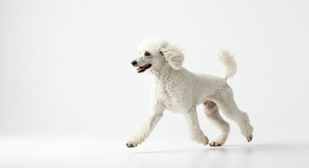 White Standard Poodle Dog Running Energetically on White Background Studio Shot