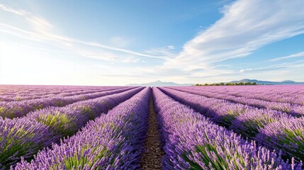 Obraz premium Elegant Lavender Fields Bathed in Soft Light Under Clear Sky