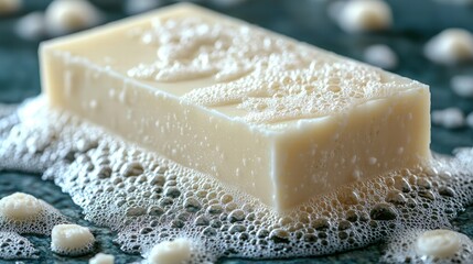 Luxurious soap bar surrounded by bubbles and soft white towels on a stylish bathroom table