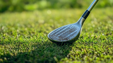 Close-up of a golf club resting on vibrant green grass, highlighting its detailed clubface and texture, perfect for sports themes.