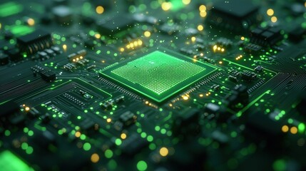 Computer circuit with bright green lights highlighting electrical connections and components