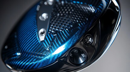 Close-up of a modern golf club driver showcasing its sleek design and vibrant blue finish, perfect for golfing enthusiasts.