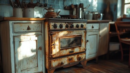 Antique iron stove with rust and wear, standing in a rustic kitchen, dim light reflecting off its surface 