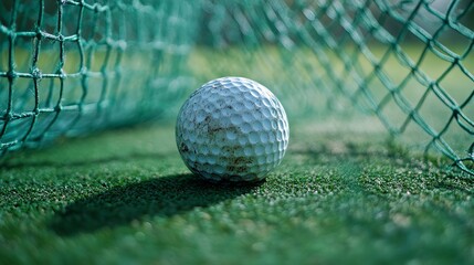 Close-up of a white golf ball resting on green turf near a net, capturing the essence of golfing practice.