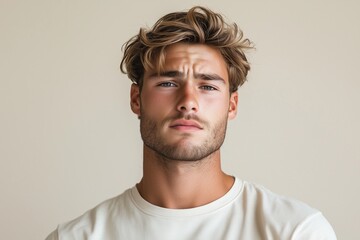 Fototapeta premium A moody young man, serious frowning expression, plain light beige background, clean studio lighting, minimalist design, neutral tones, focus on emotions and face structure.