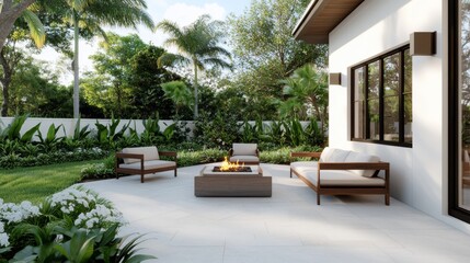 Fototapeta premium Modern Outdoor Patio with Fire Pit, Tropical Landscaping