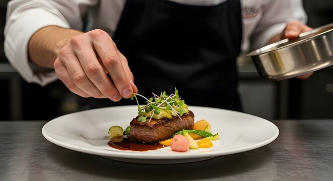 Maestro chef cocinero hombre manos cocinando con precisi&oacute;n aderezo preparando sabroso fresco delicioso delicioso plato gourmet comida en el plato para los clientes restaurante de 5 estrellas michelin 