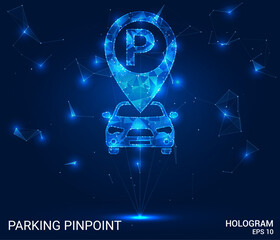 Parking pinpoint hologram. Parking pinpoint is made of polygons, triangles, dots, and lines. Parking pinpoint is a low-poly compound structure. Technology concept vector.