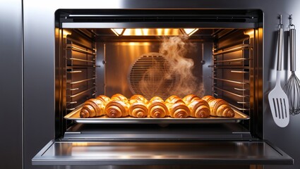 A batch of golden croissants bakes to perfection inside a modern stainless steel convection oven.