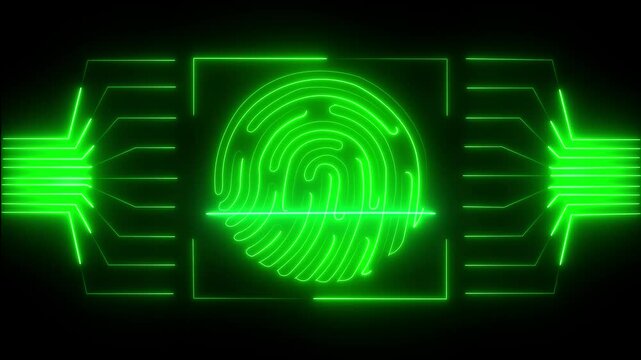 Fingerprint Scanning Animation and neon Style on black background. Abstract background with animation of symbol fingerprint from glass on backdrop of glowing circuit.