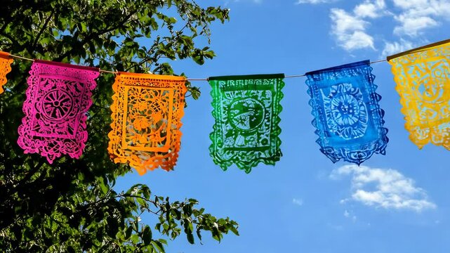 Vibrant Papel Picado Banners against a Sunny Sky