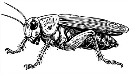 Obraz premium Intricate Monochrome Cartoon Cricket Sketch, Detailed Line Art for Nature and Insect Themes