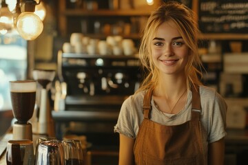 Woman standing in front of a coffee machine preparing a fresh brewed cup of coffee