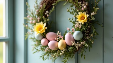Easter wreath with pastel eggs and flowers hanging on a wooden door