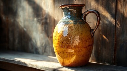 Antique stoneware jug with faded patterns, sitting on a wooden shelf with a warm glow 