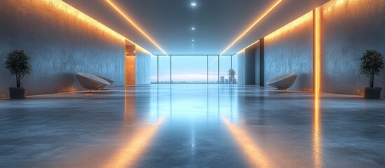 Modern, futuristic lobby with panoramic city view.